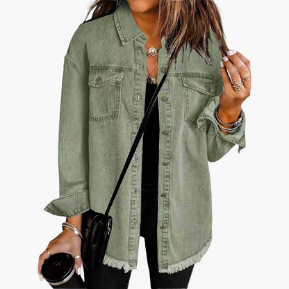 Women's Casual Button-Down Denim Jacket with Relaxed Fit and Frayed Hem