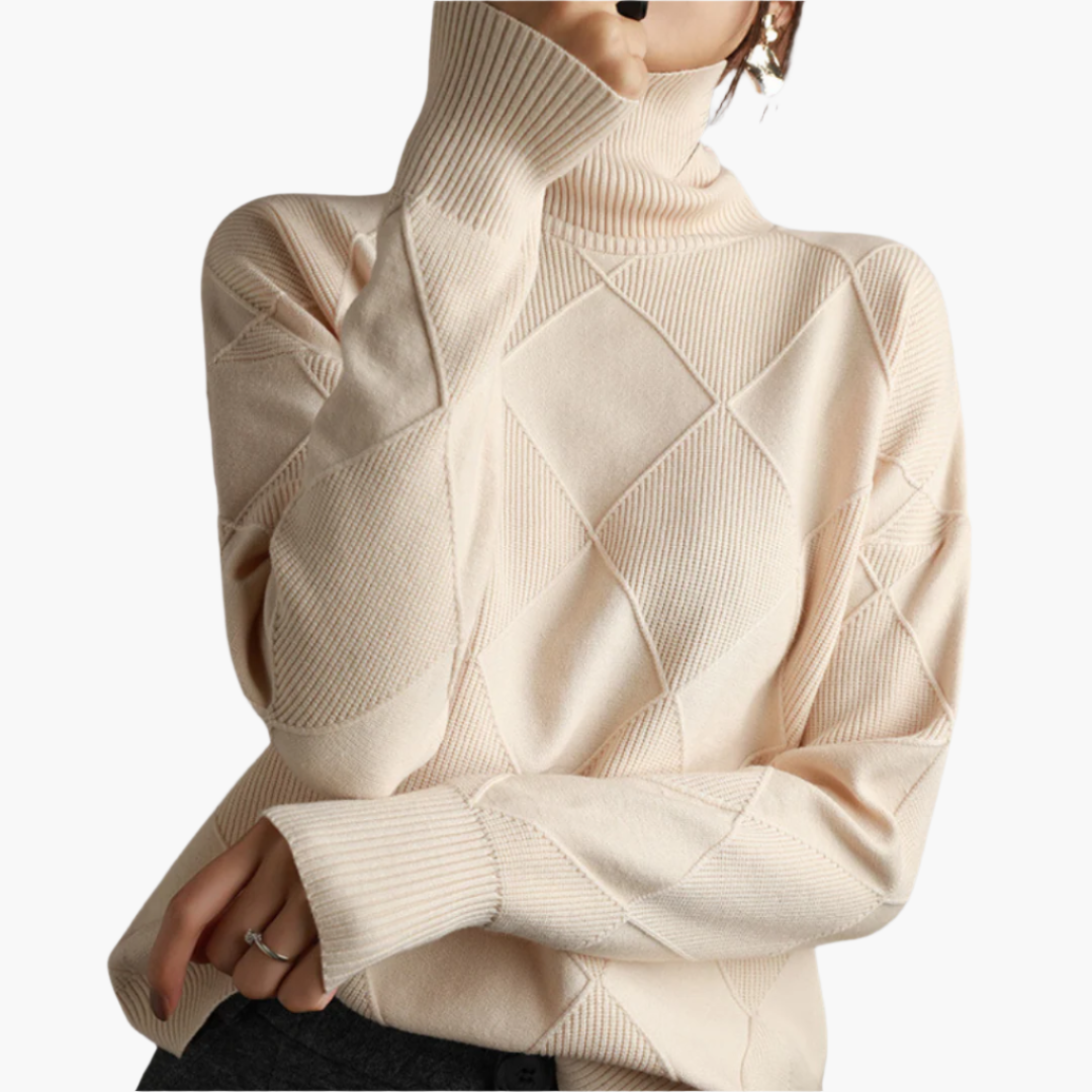 Women's Modern Geometric Knit Turtleneck Sweater - Relaxed Chic Pullover for Everyday Style