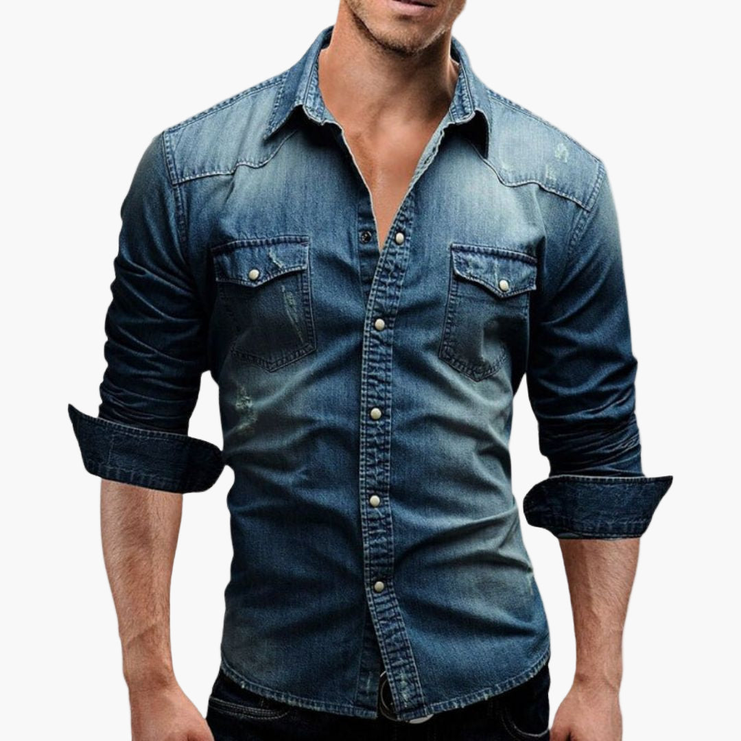 Men's Western Denim Shirt with Snap Buttons - Classic Casual Style