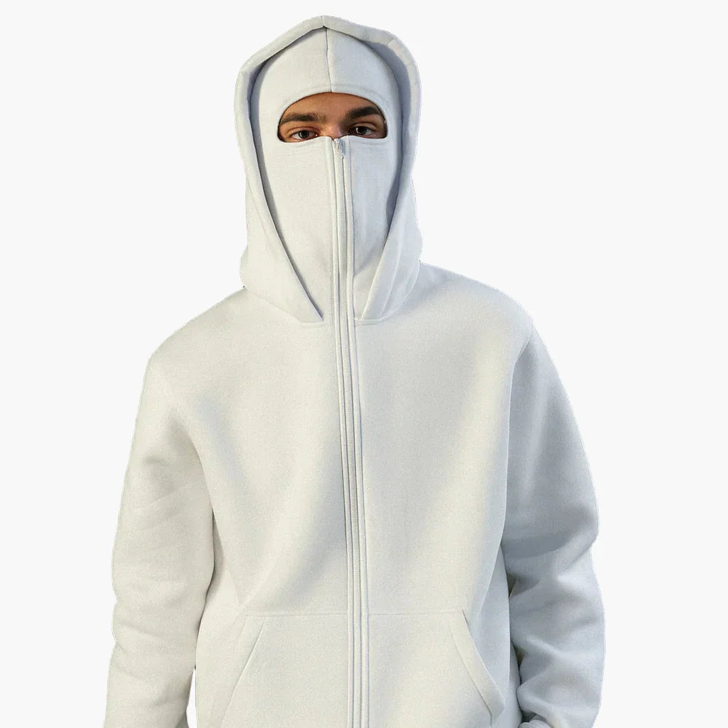 Men's Minimalist Full Zip Hoodie with Integrated Mask – Urban Streetwear Style