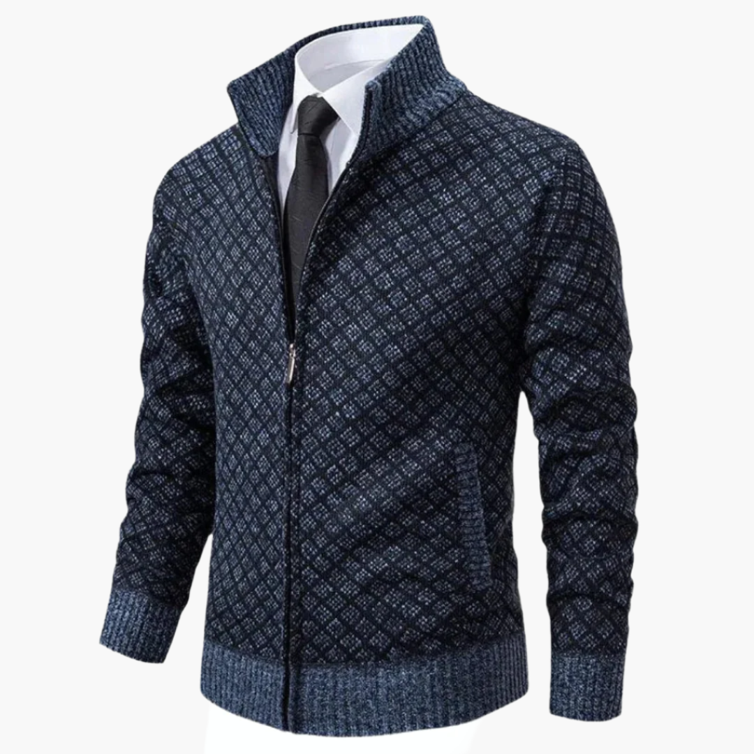 Men's Modern Business Casual Knit Zip-Up Jacket – Diamond Pattern Sweater Blazer