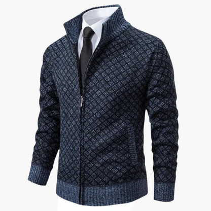 Men's Modern Business Casual Knit Zip-Up Jacket – Diamond Pattern Sweater Blazer