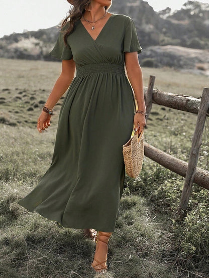 Helen – Long Slimming Dress with V-neck and Bell Sleeves