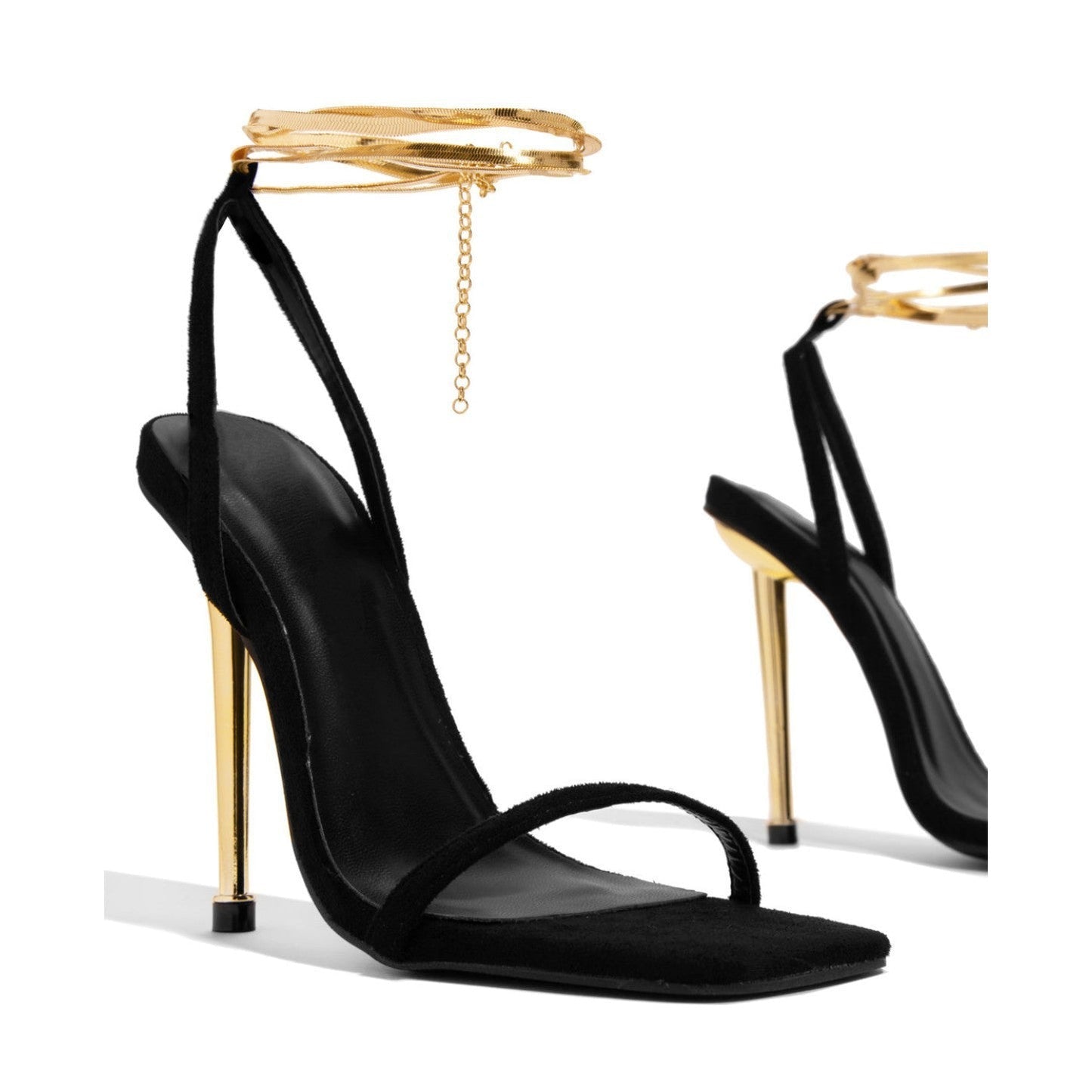 Women’s Stiletto Heel Sandals with Ankle Wrap and Chain Detail