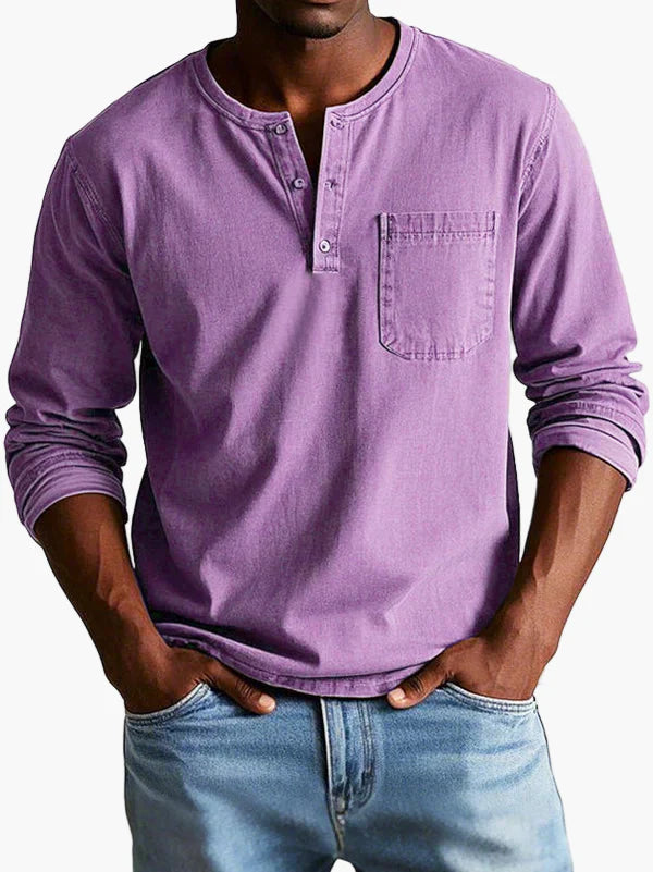 Men's Vintage Long Sleeve Henley Shirt Casual Classic Style