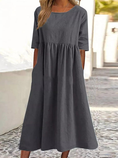 Katy – Fashion Casual Cotton Linen Short Sleeve Pocket Dress