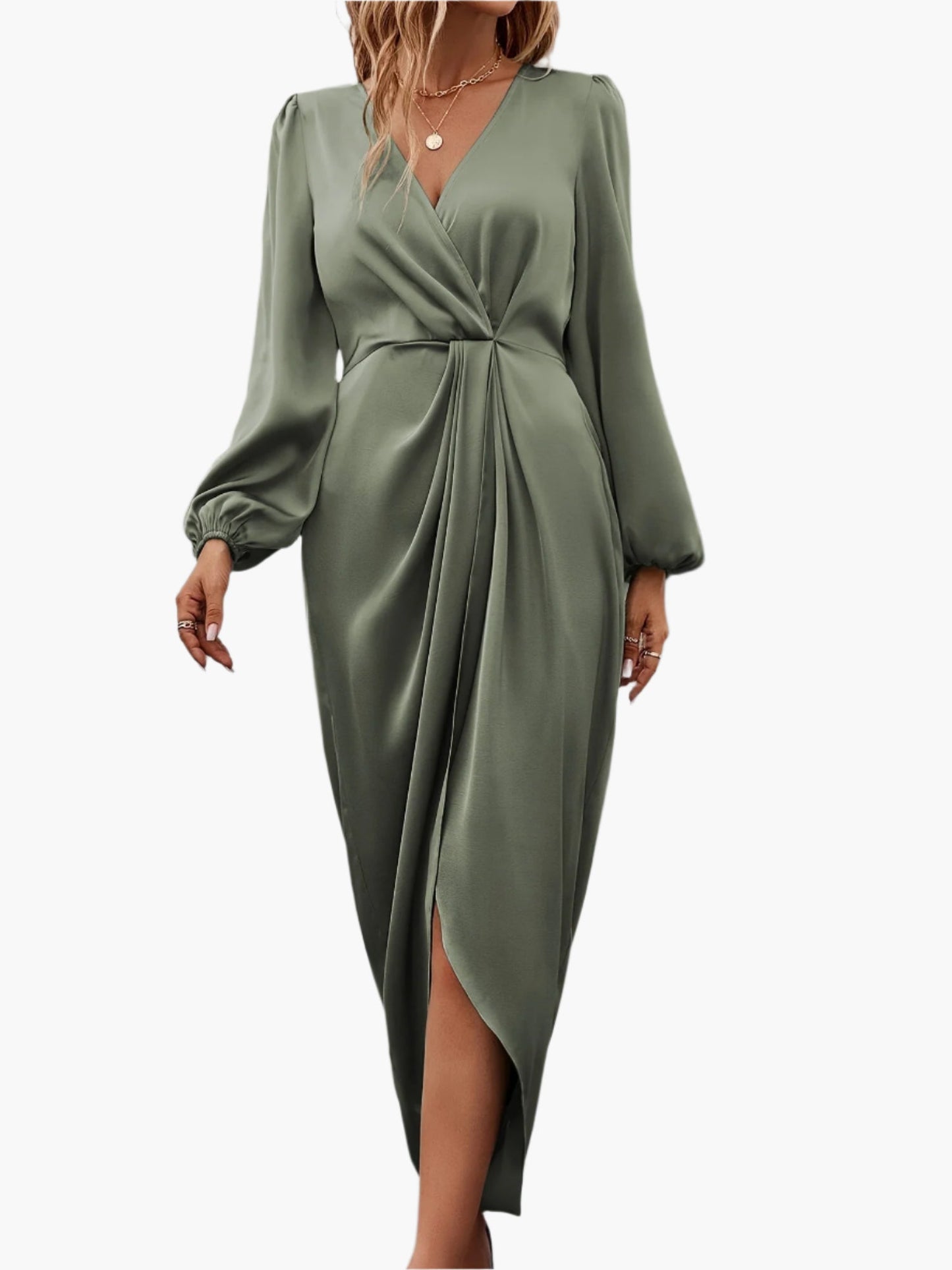 Women’s Draped Wrap Midi Dress with Long Sleeves