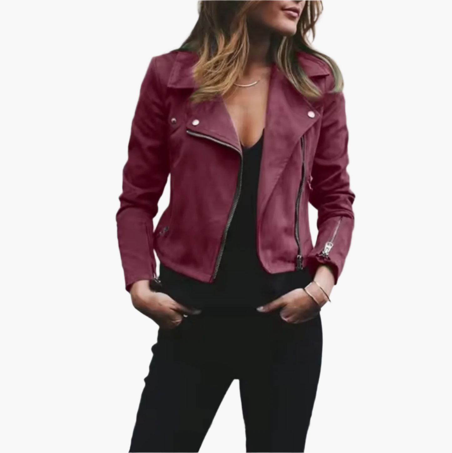 Women's Cropped Suede Biker Jacket – Modern Fitted Moto Style for Casual and Streetwear