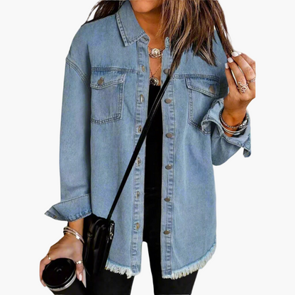 Women's Casual Button-Down Denim Jacket with Relaxed Fit and Frayed Hem