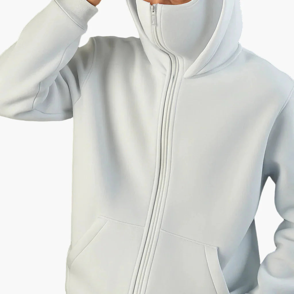 Men's Minimalist Full Zip Hoodie with Integrated Mask – Urban Streetwear Style