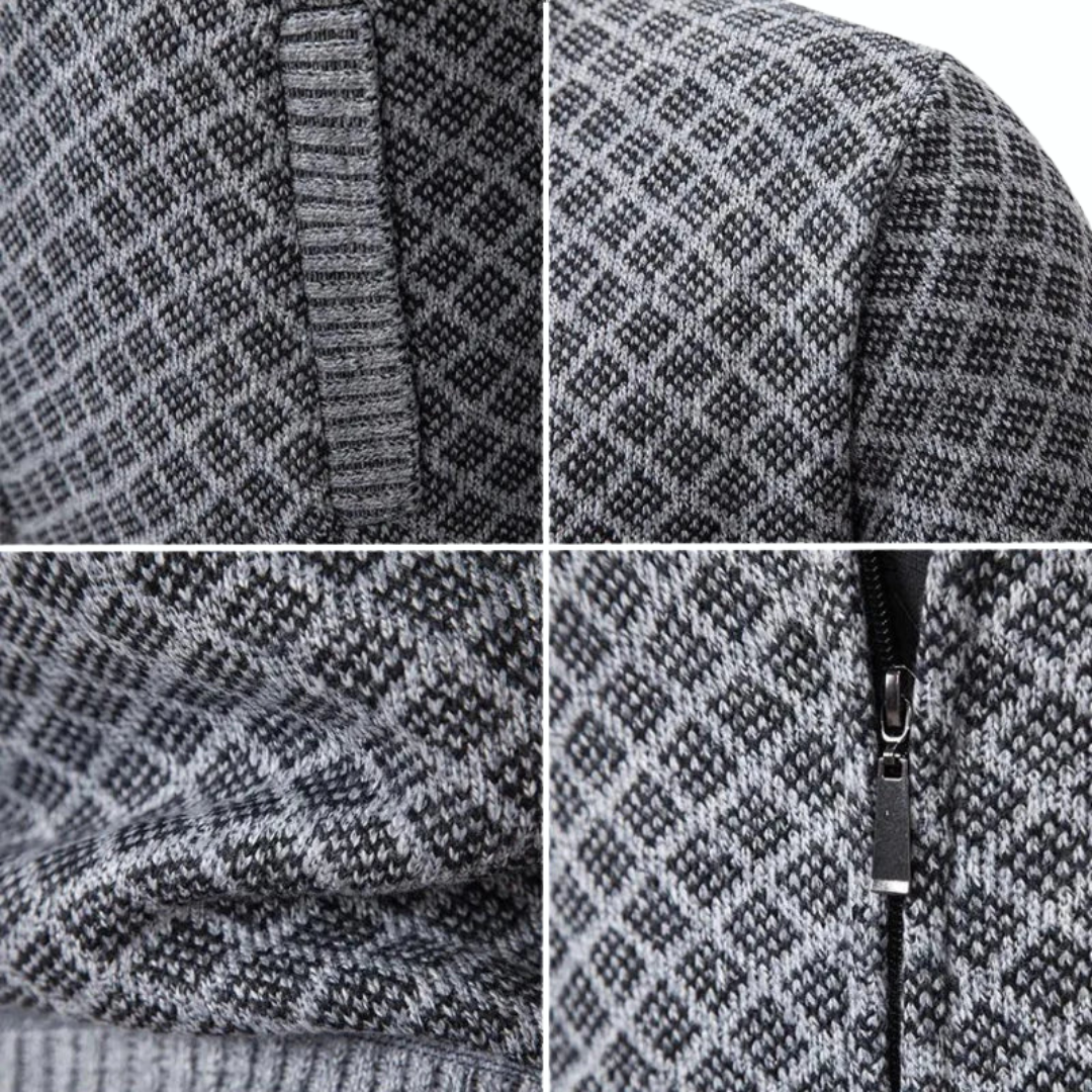 Men's Modern Business Casual Knit Zip-Up Jacket – Diamond Pattern Sweater Blazer