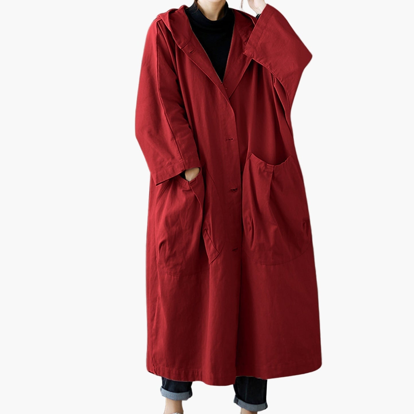 Women's Oversized Windproof Trench Coat with Hood and Large Pockets – Casual Elegant Outerwear