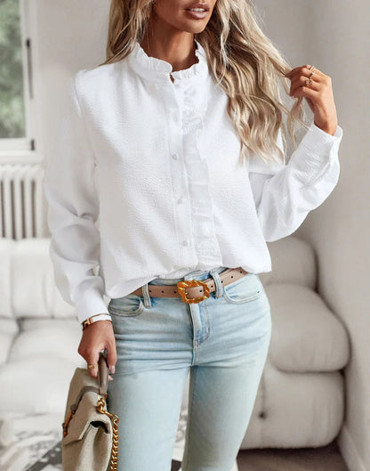 Women's Ruffled Button-Up Casual Chic Shirt – Versatile Office to Weekend Style
