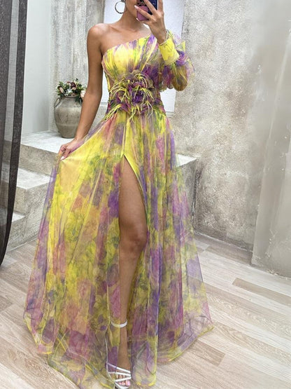 Women’s One-Shoulder Evening Gown – Elegant High-Slit Floral Design