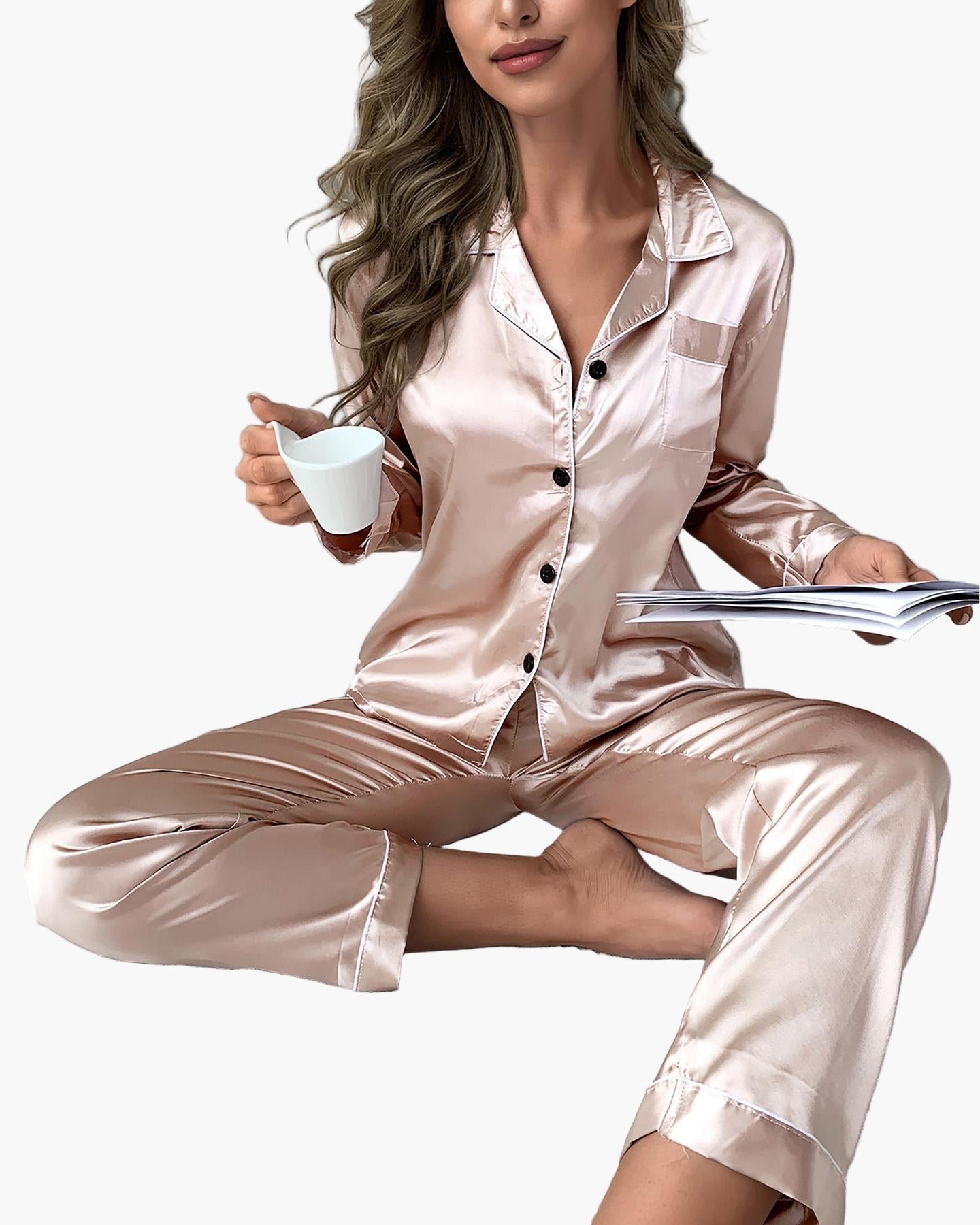 Women's Satin Button-Up Pajama Set – Casual Long Sleeve Loungewear