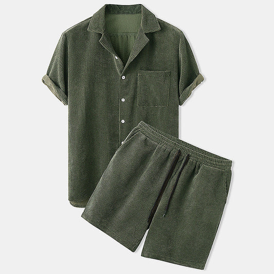 Ashley – Solid Color Corduroy Casual Shirt Shorts Two-Piece Set