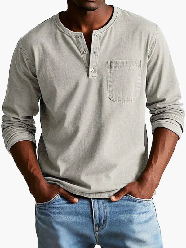 Men's Vintage Long Sleeve Henley Shirt Casual Classic Style