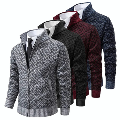 Men's Modern Business Casual Knit Zip-Up Jacket – Diamond Pattern Sweater Blazer