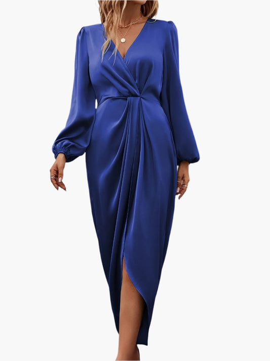 Women's Elegant Formal Wrap Midi Dress with Ruched Waist and Long Sleeves