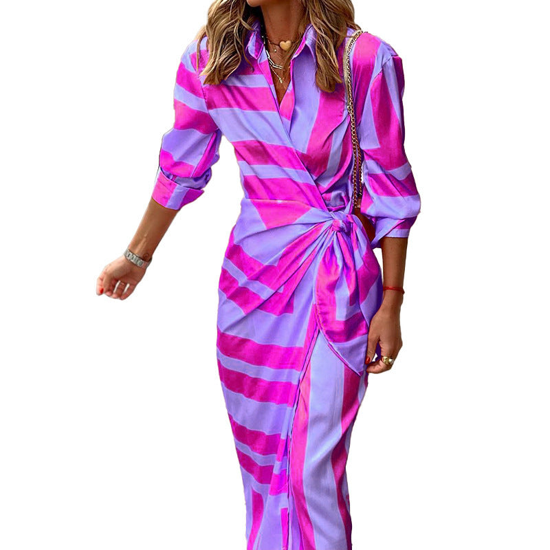 Christine – Striped Printed Dress with Lace-up Detail