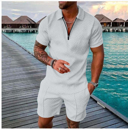 Men’s Casual Zip Polo & Shorts Set for Summer Outings