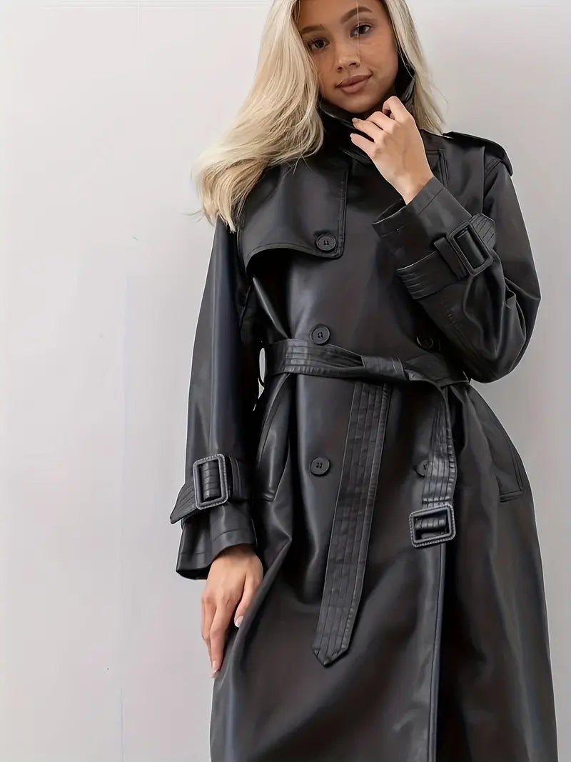 Women's Elegant Long Trench Coat with Double-Breasted Closure and Waist Belt - Stylish Outerwear for Casual, Business, and Evening Wear