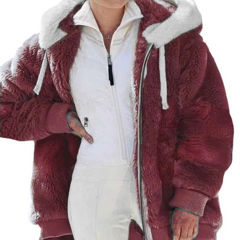 Women's Winter Hooded Plush Jacket with Zipper – Cozy Casual Outerwear for Cold Weather