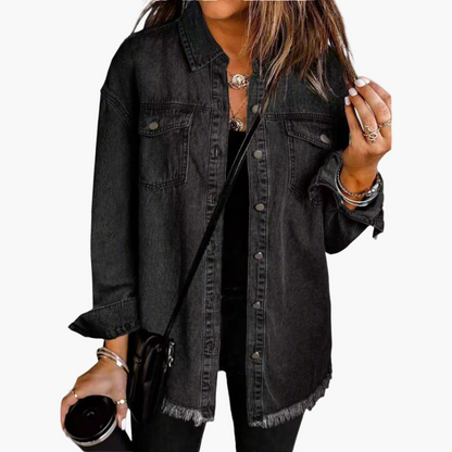 Women's Casual Button-Down Denim Jacket with Relaxed Fit and Frayed Hem