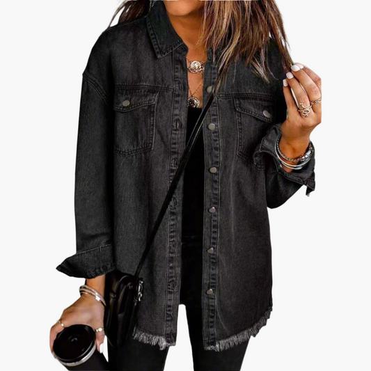 Women's Casual Button-Down Denim Jacket with Relaxed Fit and Frayed Hem