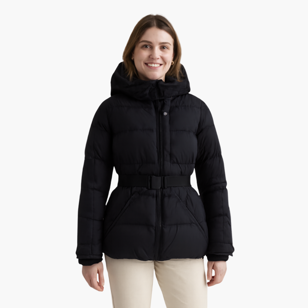 Women's Belted Hooded Puffer Jacket – Stylish Water-Resistant Winter Outerwear