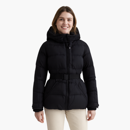 Women's Belted Hooded Puffer Jacket – Stylish Water-Resistant Winter Outerwear
