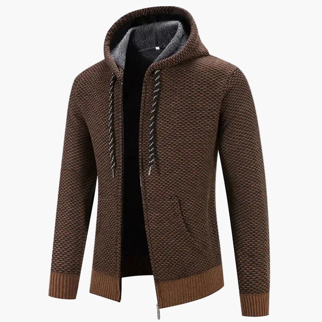 Men's Knitted Zip-Up Hoodie Jacket with Fleece Lining – Casual Winter Cardigan