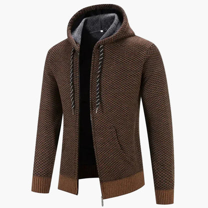 Men's Knitted Zip-Up Hoodie Jacket with Fleece Lining – Casual Winter Cardigan