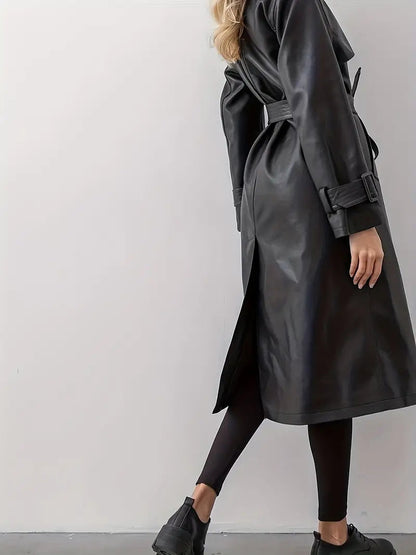 Women's Elegant Long Trench Coat with Double-Breasted Closure and Waist Belt - Stylish Outerwear for Casual, Business, and Evening Wear