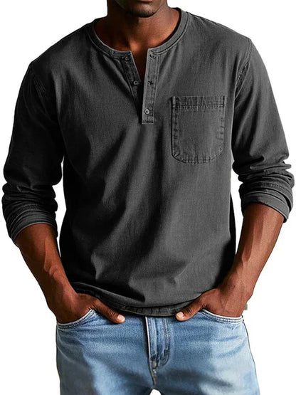 Men's Vintage Long Sleeve Henley Shirt Casual Classic Style