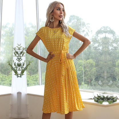 Women’s Vintage Polka Dot Midi Dress with Belted Waist