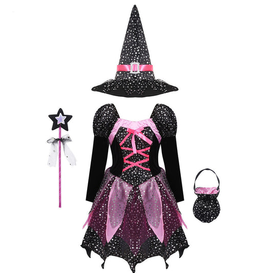 Girls' Halloween Witch Costume Set for Kids – Magical Dress Up Outfit with Hat, Wand, and Bag – Perfect for Trick-or-Treating & Parties