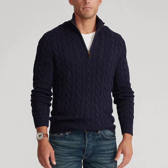 Men's Classic Cable Knit Quarter-Zip Vegan Wool Sweater – Versatile Office & Casual Style
