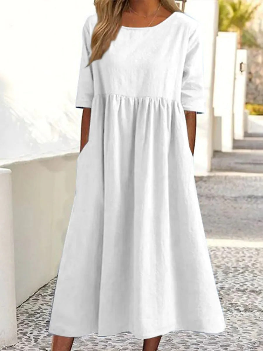 Katy – Fashion Casual Cotton Linen Short Sleeve Pocket Dress