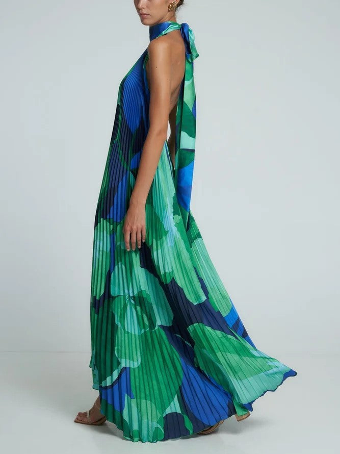 Women’s Halter Neck Pleated Maxi Dress – Bold Statement for Special Occasions