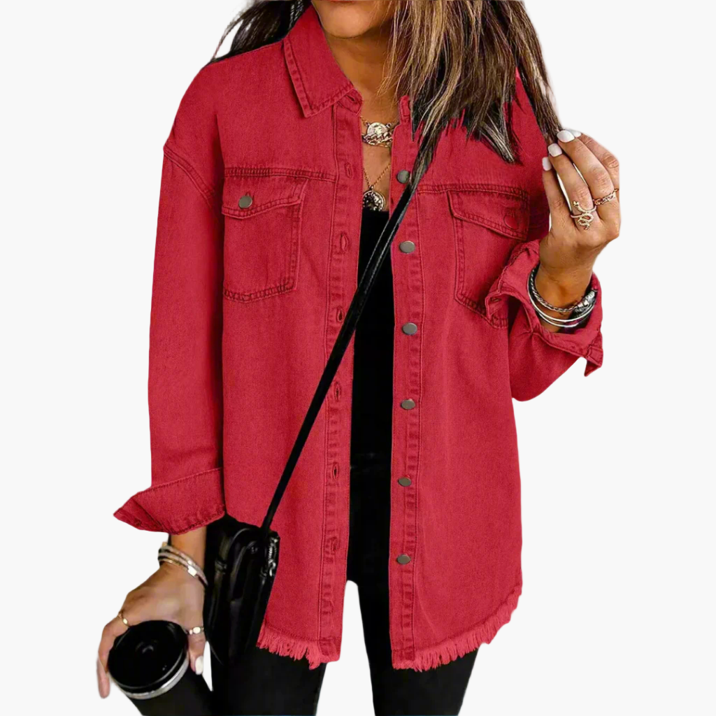 Women's Casual Button-Down Denim Jacket with Relaxed Fit and Frayed Hem