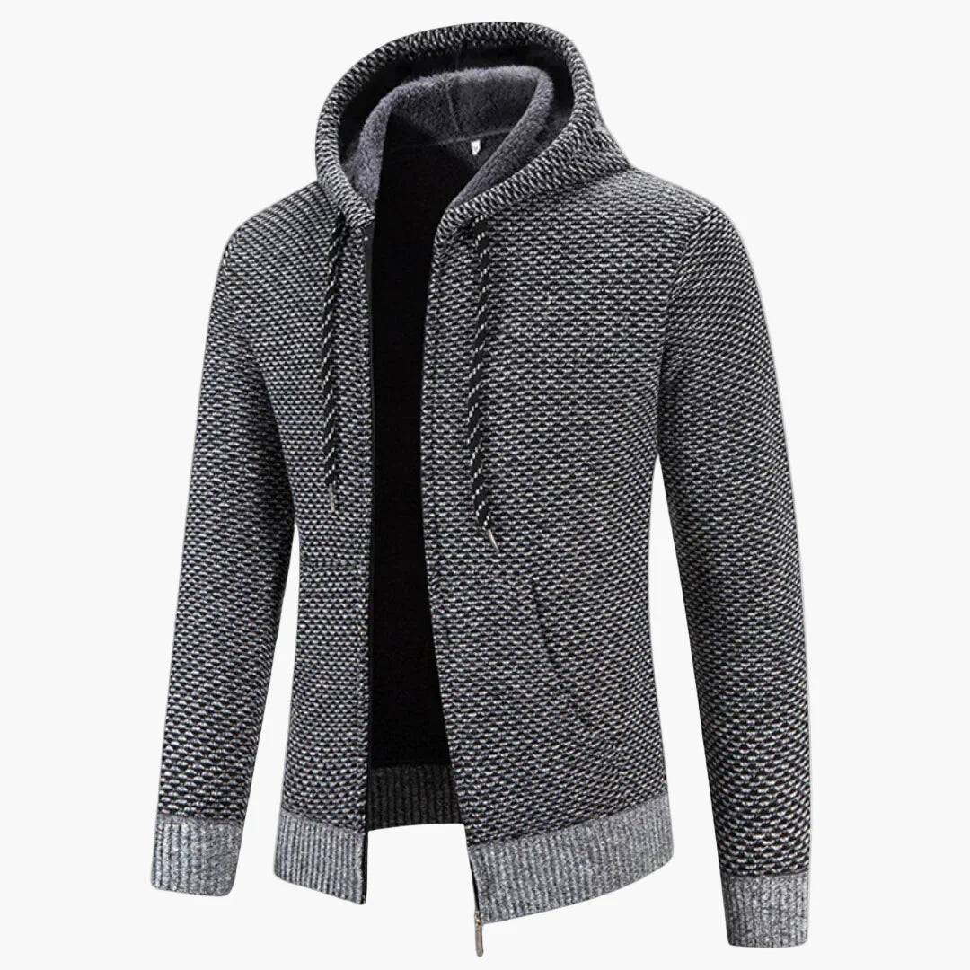 Men's Knitted Zip-Up Hoodie Jacket with Fleece Lining – Casual Winter Cardigan