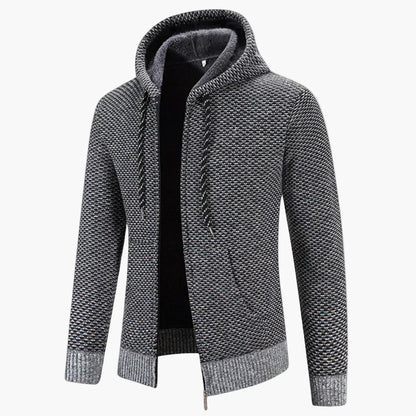 Men's Knitted Zip-Up Hoodie Jacket with Fleece Lining – Casual Winter Cardigan