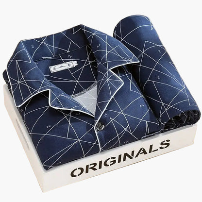 Men's Classic Pajama Set with Feather Print, Stylish Long Sleeve Loungewear for All-Season Comfort