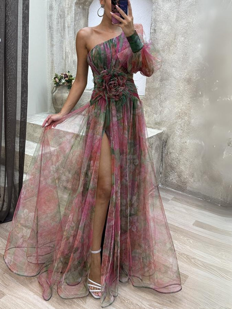 Women’s One-Shoulder Evening Gown – Elegant High-Slit Floral Design