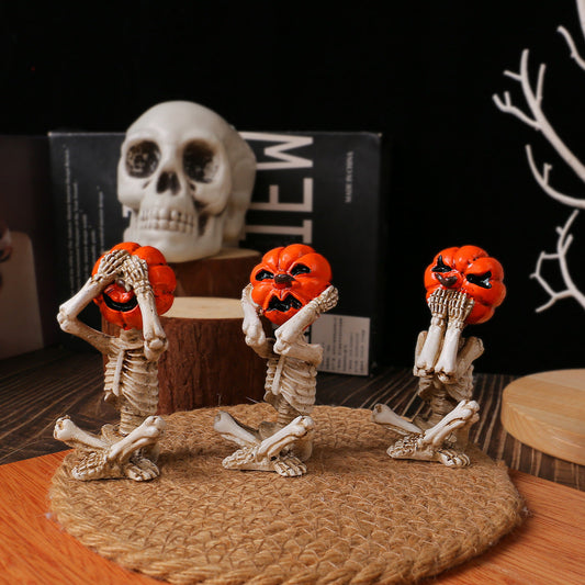 Halloween Pumpkin Head Skeleton Figurine Set - Spooky Party Decoration (3 Pieces)