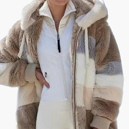 Women's Winter Hooded Plush Jacket with Zipper – Cozy Casual Outerwear for Cold Weather