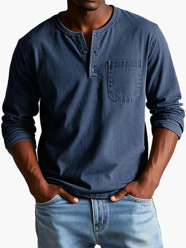 Men's Vintage Long Sleeve Henley Shirt Casual Classic Style