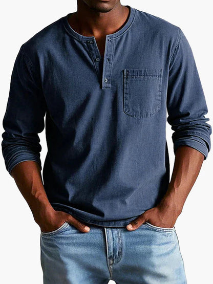 Men's Vintage Long Sleeve Henley Shirt Casual Classic Style
