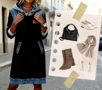 Women's Casual Denim Accent Hoodie Dress | Everyday Comfort & Style